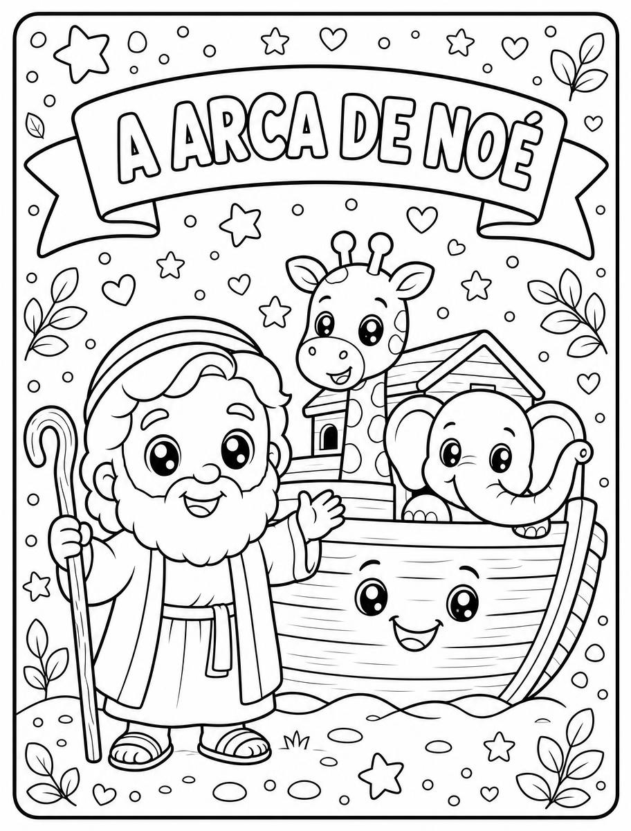 Capa do livro "A Arca de Noé" para colorir, com Noé e animais em estilo cute
