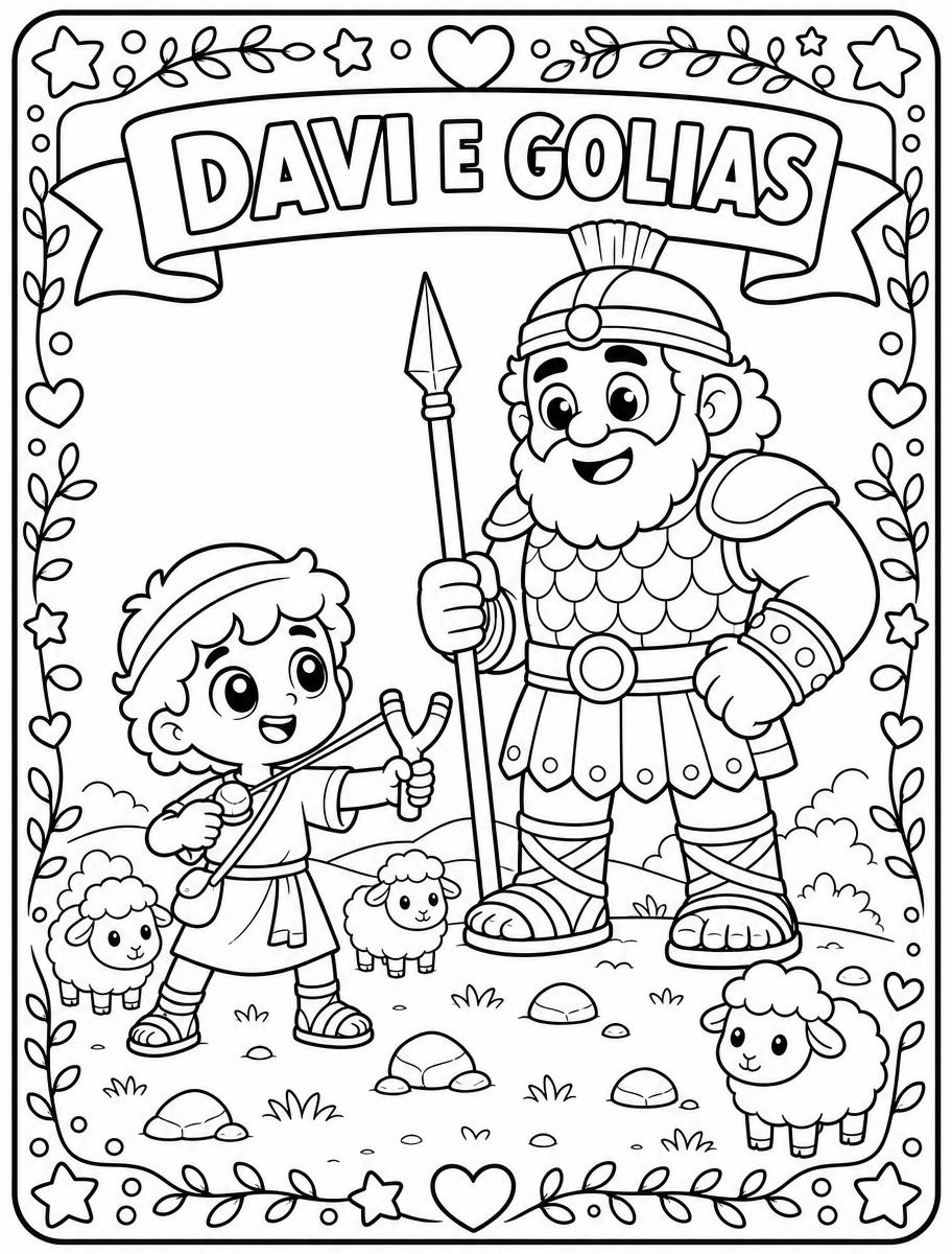 Página de colorir com Davi e Golias em estilo cute e traço grosso