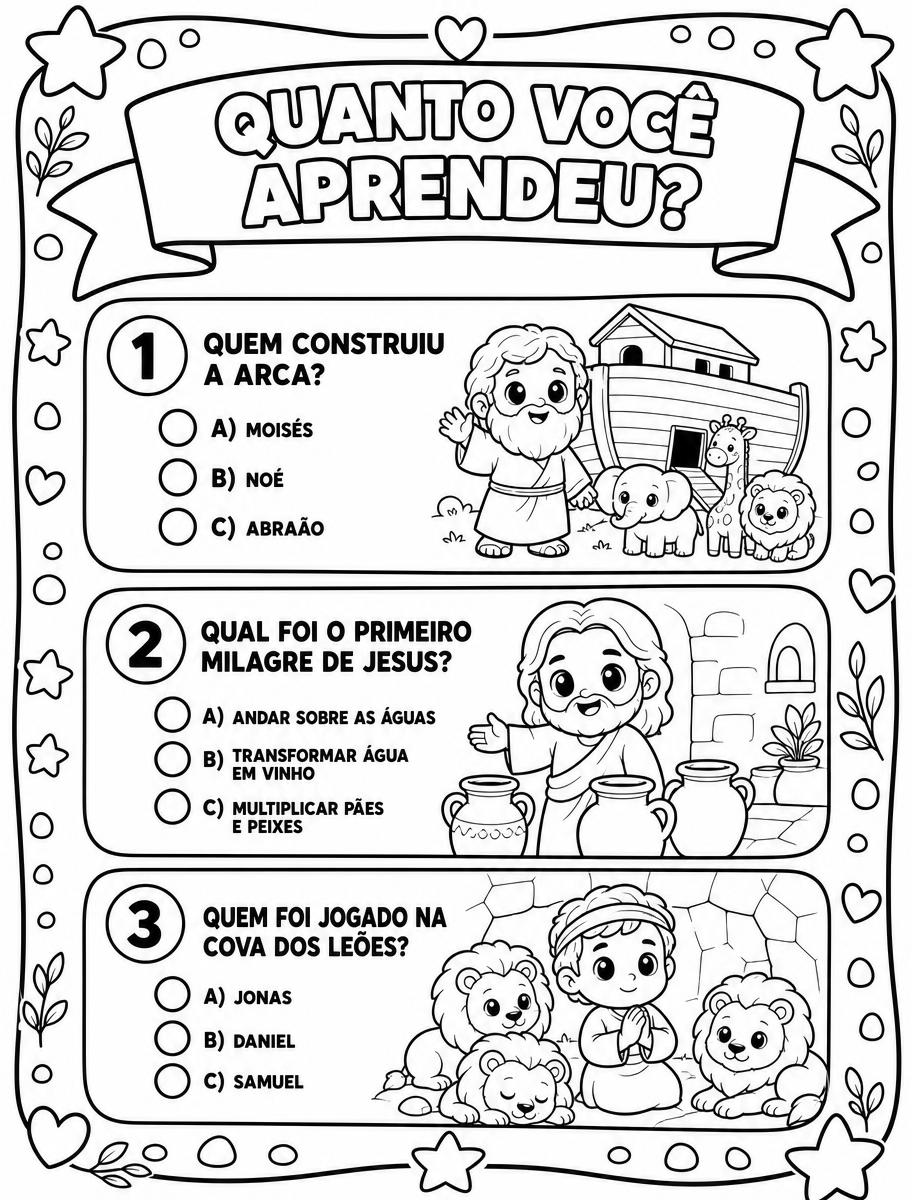 Página de quiz bíblico com três perguntas de múltipla escolha ilustradas